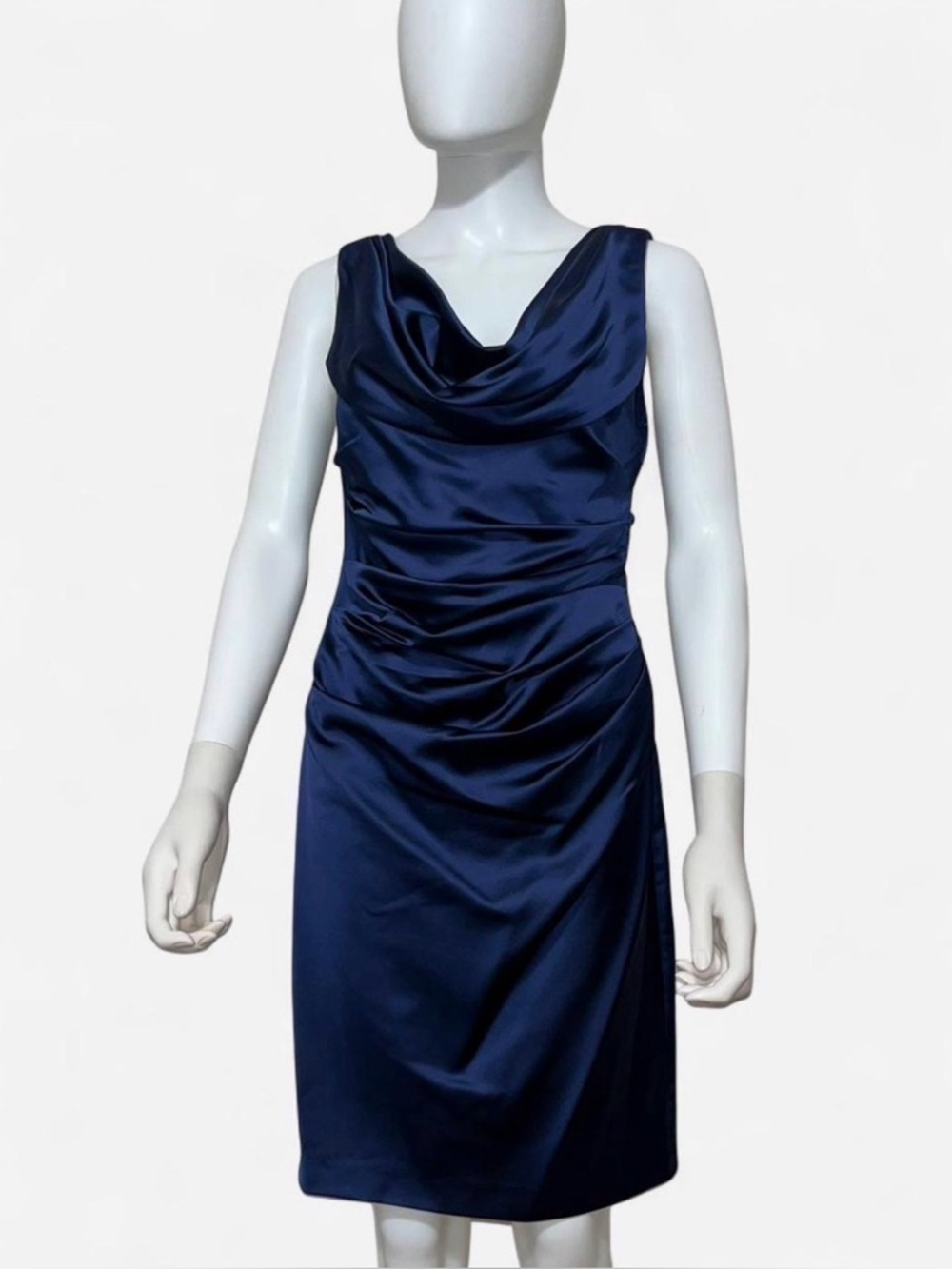 David’s bridal navy blue stain cowl neck dress